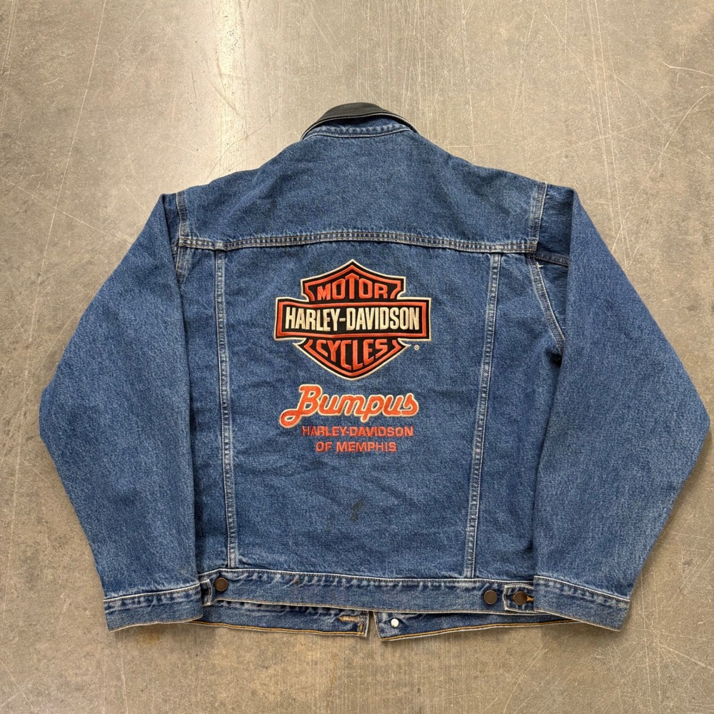 Vintage Harley Davidson Denim Jacket Leather Collar Bumpus Memphis Mens Large